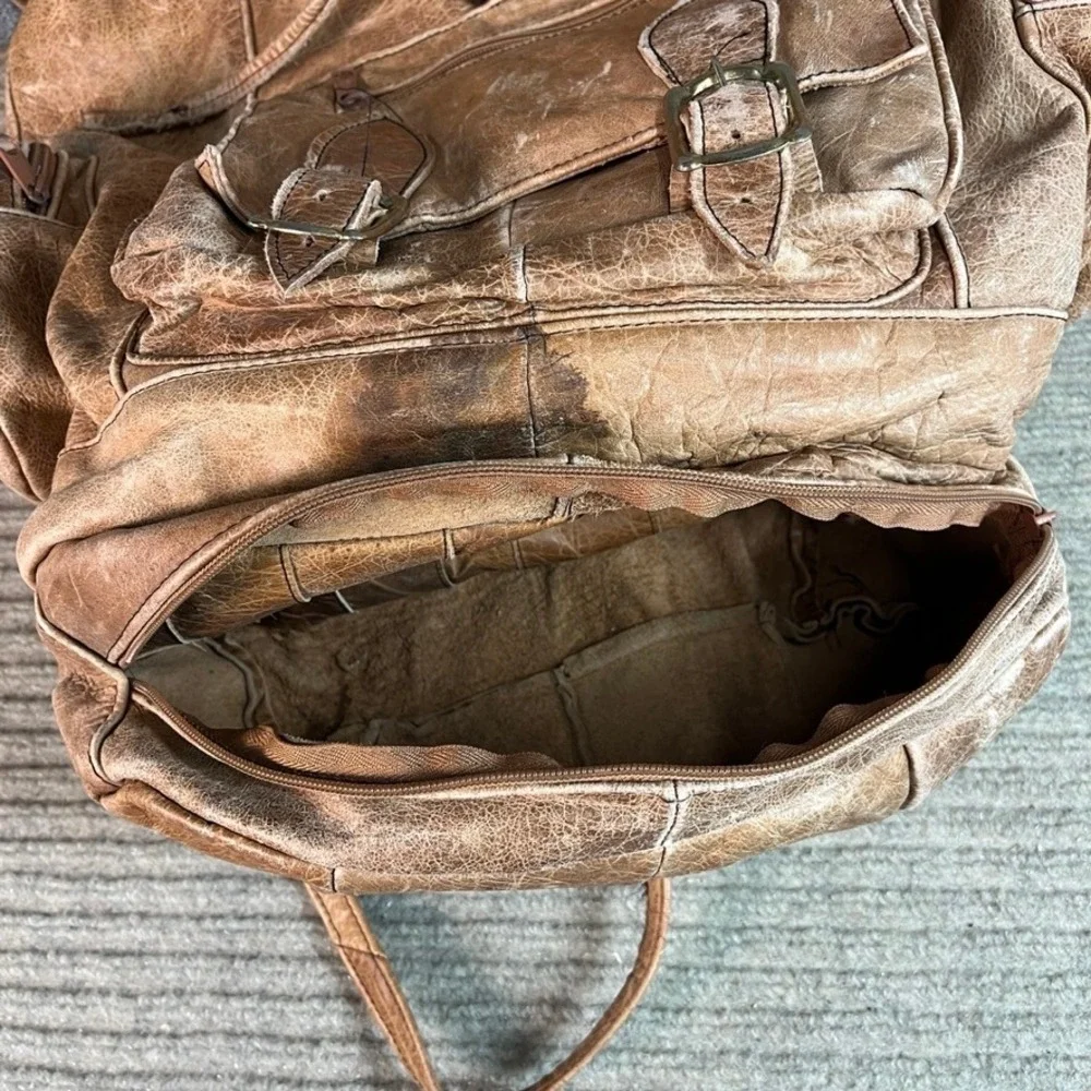 Vintage Tan Distressed Leather Backpack Rucksack Multi-Pocket Travel Bag